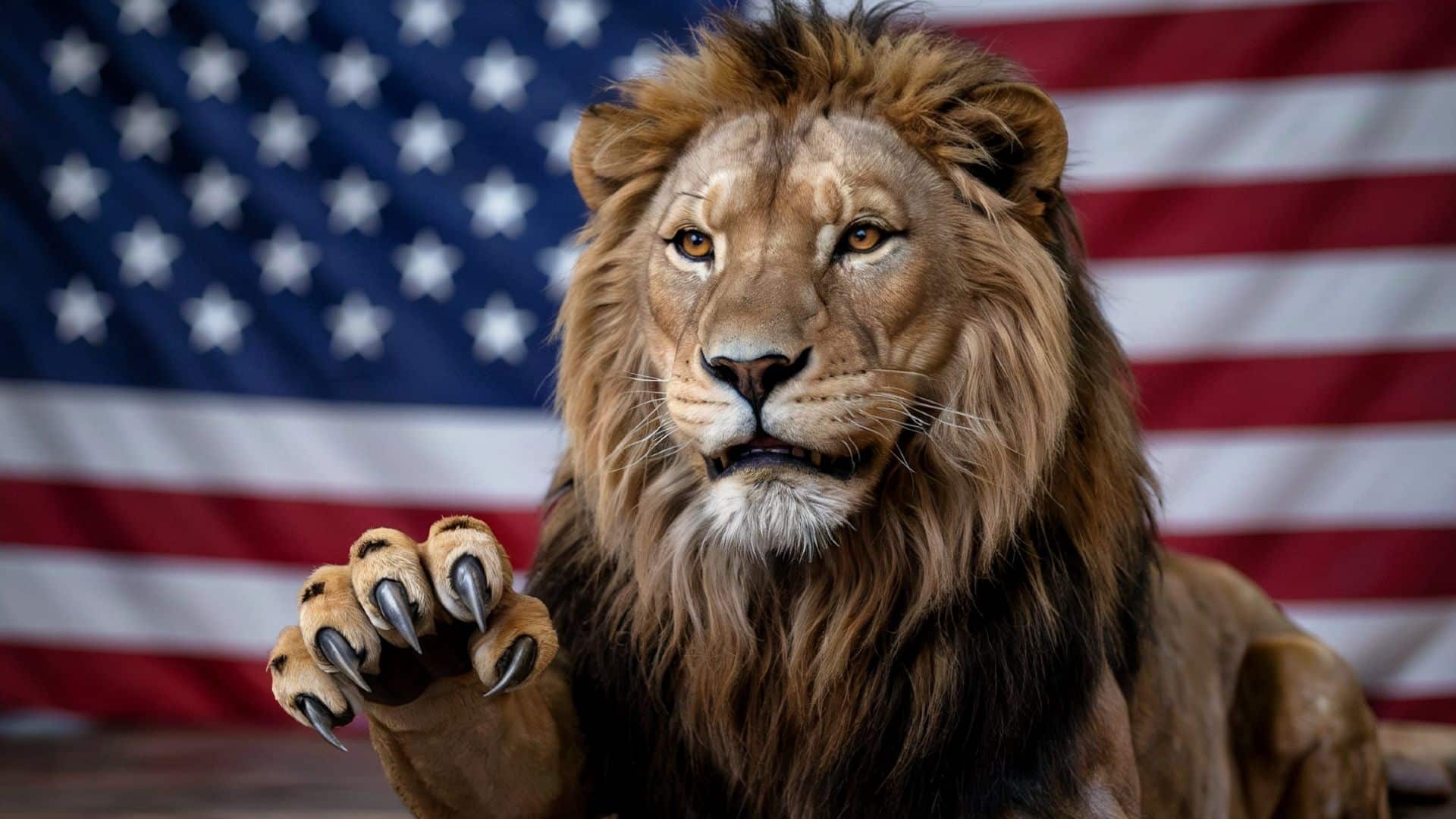 Leao simbolo da Receita Federal com garras afiadas e bandeira dos EUA ao fundo
