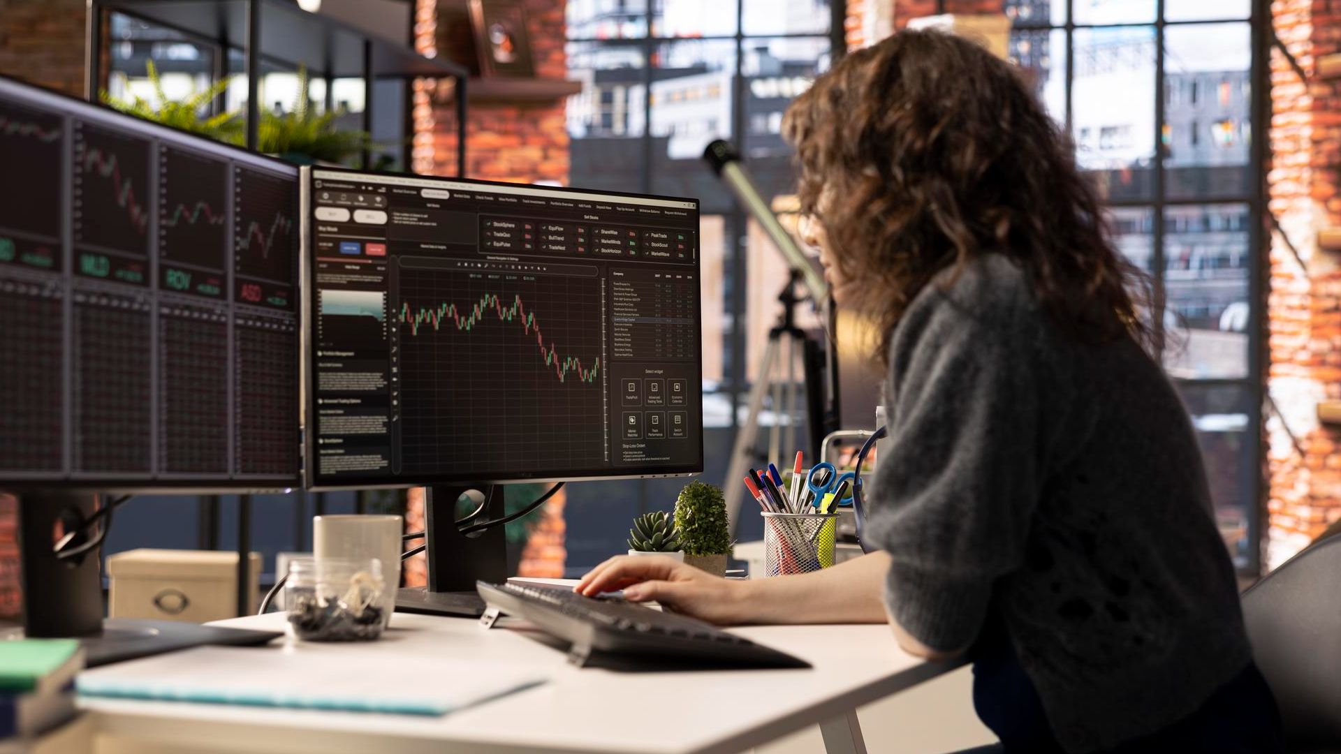 Mulher trader analisando graficos