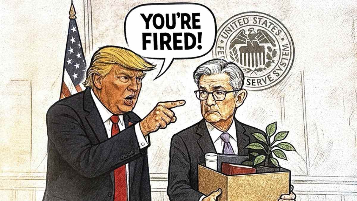 Desenho de Donald Trump demitindo Jerome Powell