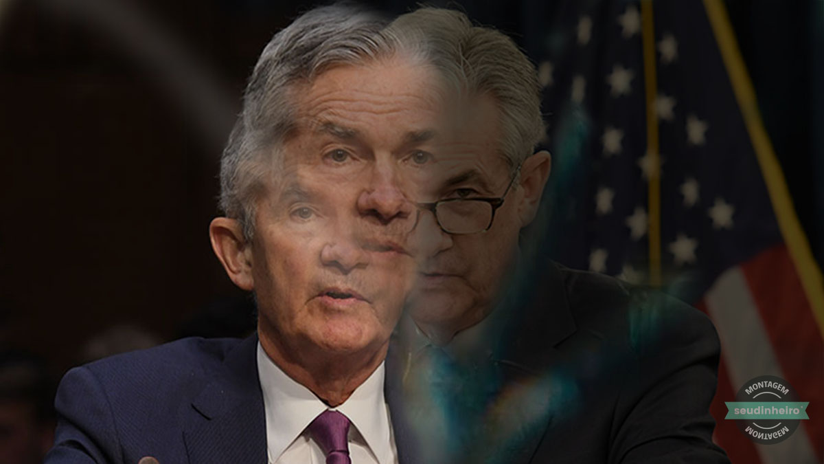 Jerome Powell com efeito creditos Federal Reserve montagem Brenda Silva