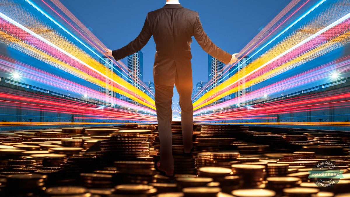 Caminho de moedas dinheiro homem caminhando creditos Shutterstock montagem Brenda Silva SD