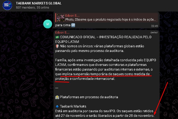 Taebank parou de pagar e pediu ate dia 27 de novembro de 2025 a paciencia dos clientes