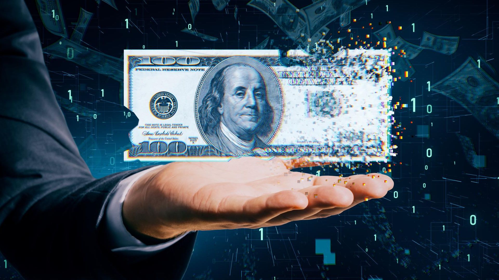 Colapso do Sistema Financeiro: A Revolução do Bitcoin é Iminente! 1 Mao humana segurando versao digital de Dolar sendo destruido