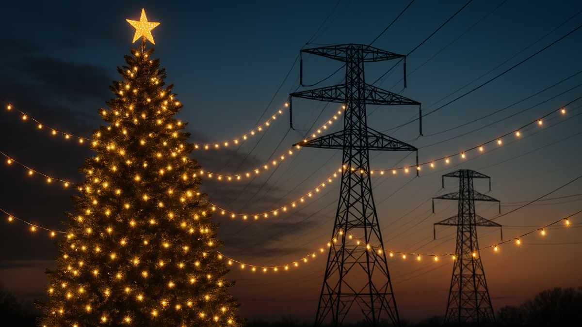 arvore de natal com torre de transmissao de energia eletrica