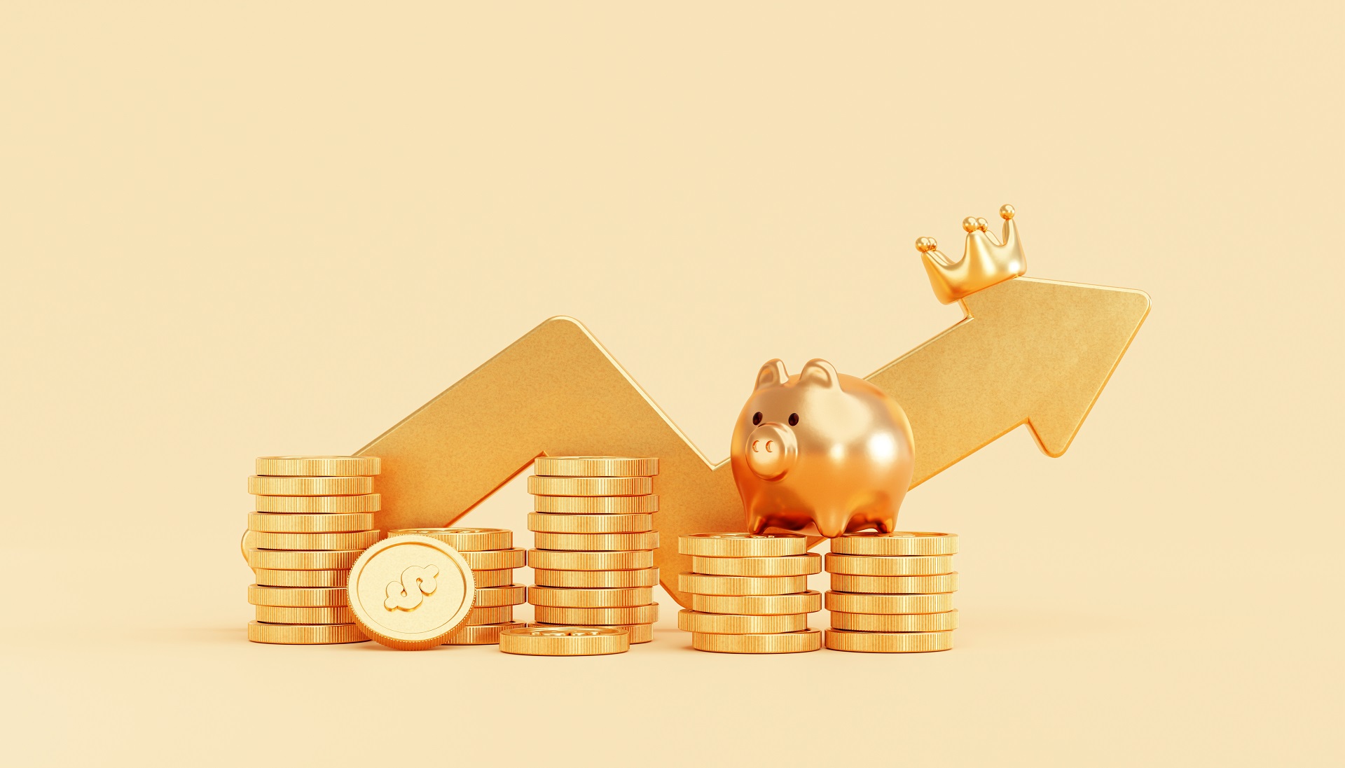 gold piggy bank with gold coin money stacks growing arrow business finance savings investment concep