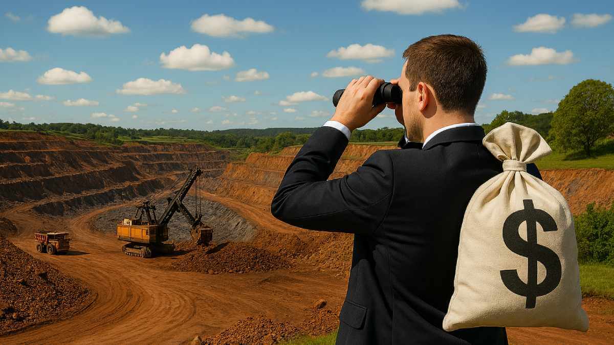 imagem gerada por IA de um investidor olhando uma mina de minerio de ferro