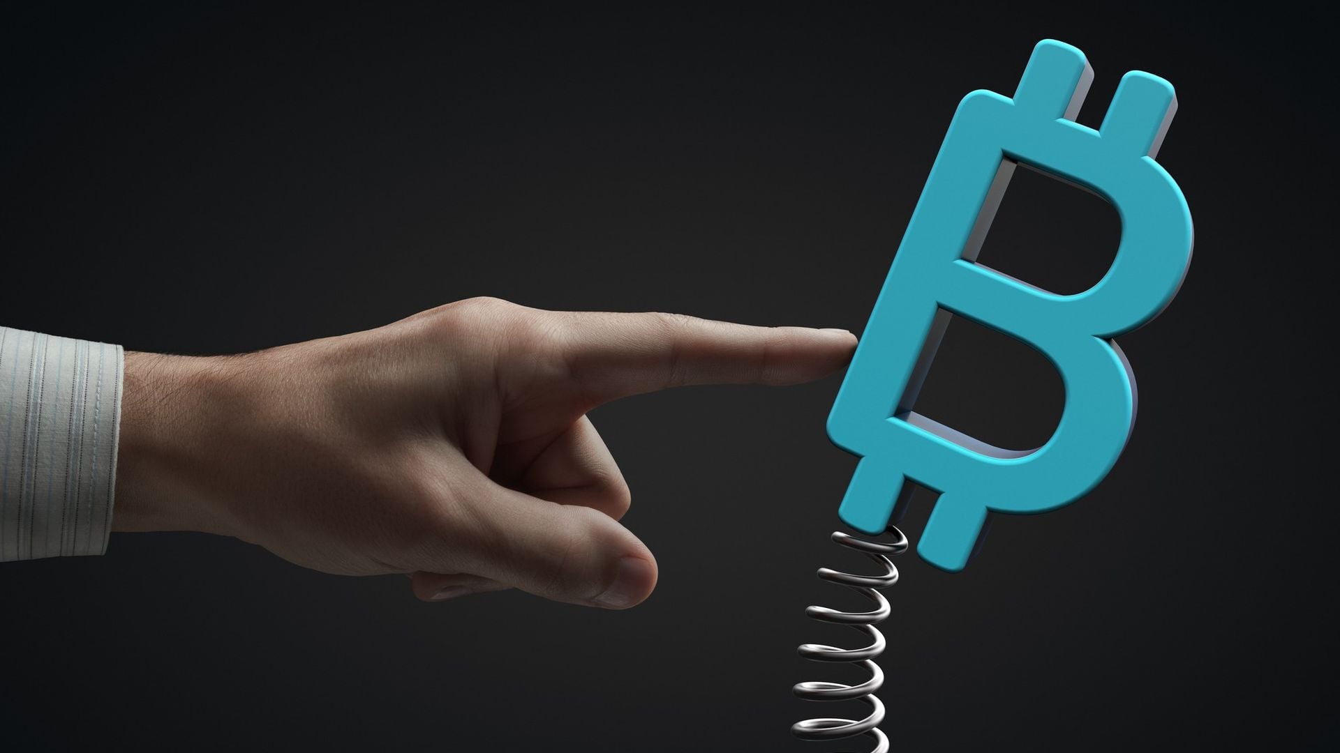 EY-Parthenon e Coinbase Revelam Pesquisa Bombástica: Volatilidade Fomenta Disciplina, Não Desistência! 2 Mao empurrando bitcoin sobre uma mola volatilidade