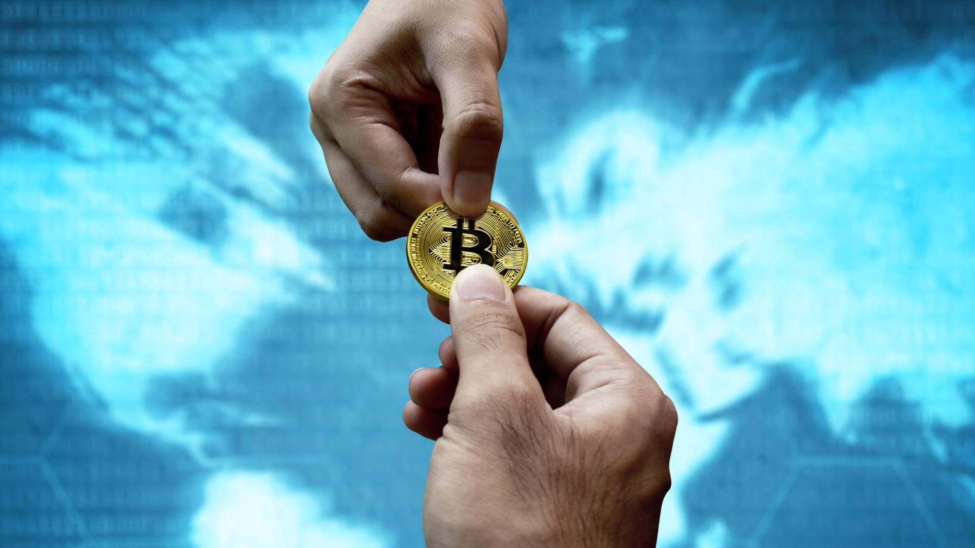 Troca de bitcoins com mapa mundial ao fundo