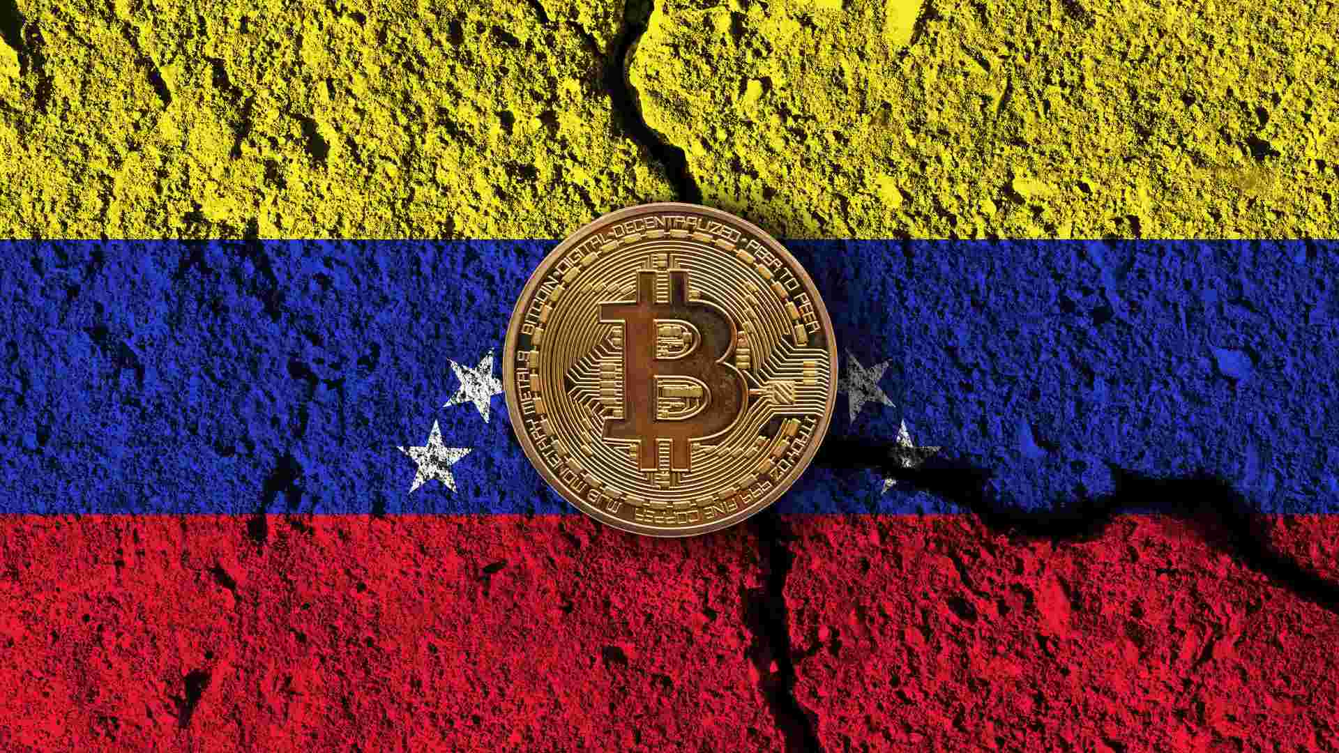 Venezuela com bandeira quebrada e bitcoin em frente