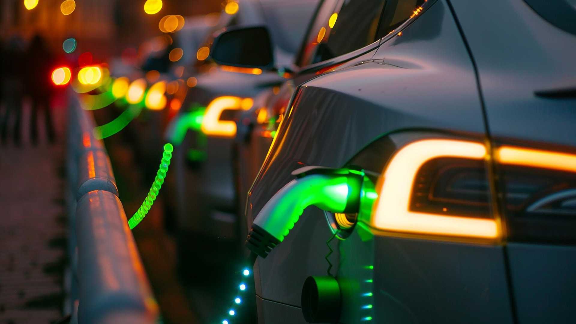 Deputado Propõe Revolução: "RG" de Baterias Elétricas com Blockchain é a Nova Sensação! 2 Carros eletricos enfileirados para carregar baterias