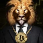 Leao ficticio com bitcoin em colar