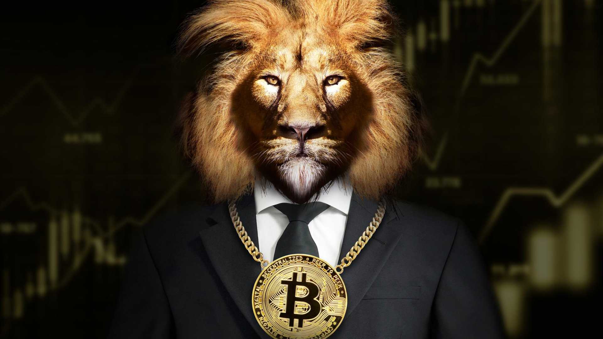 Leao ficticio com bitcoin em colar