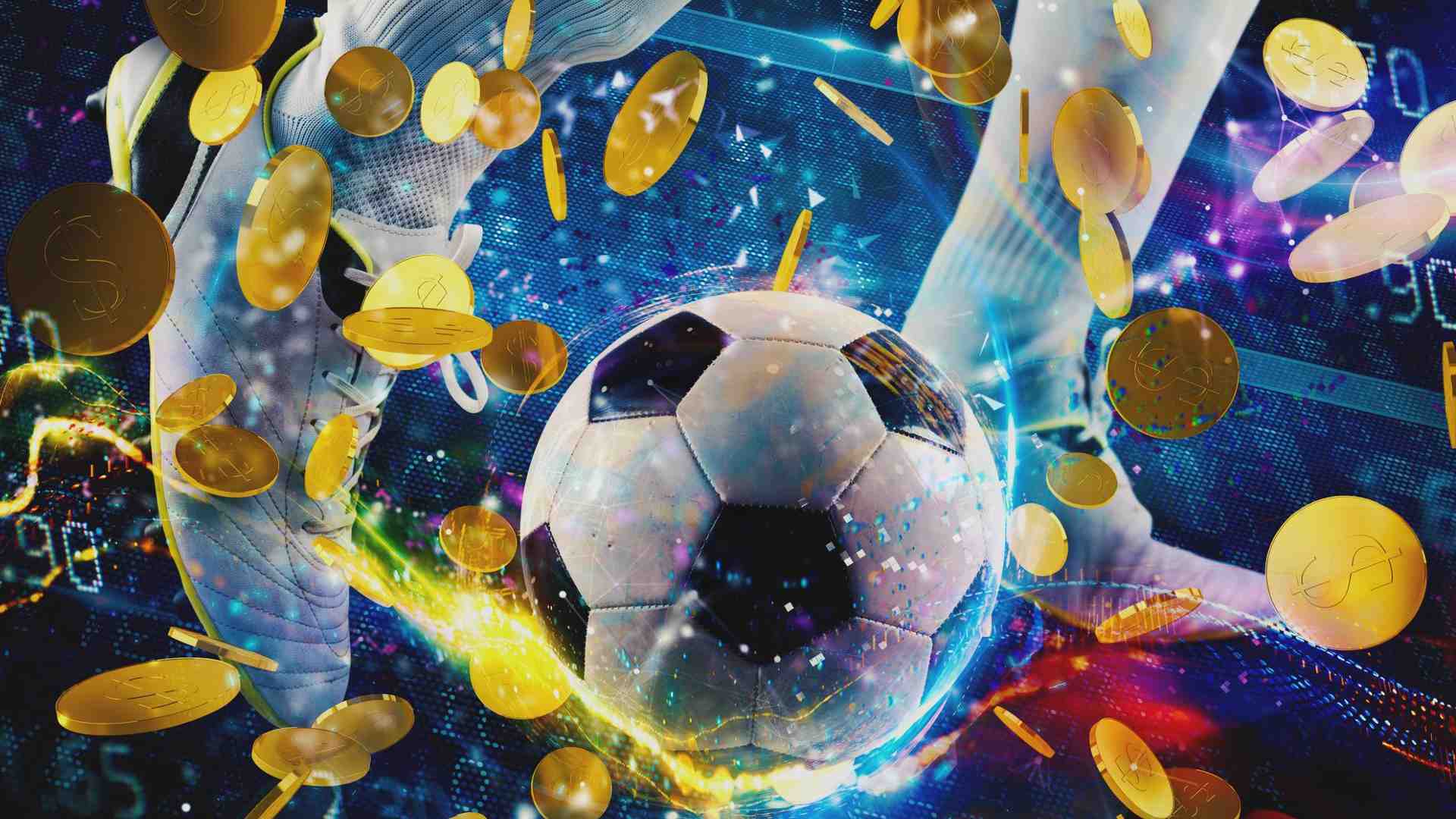 Bola de futebol com moedas ao redor em ambiente digital