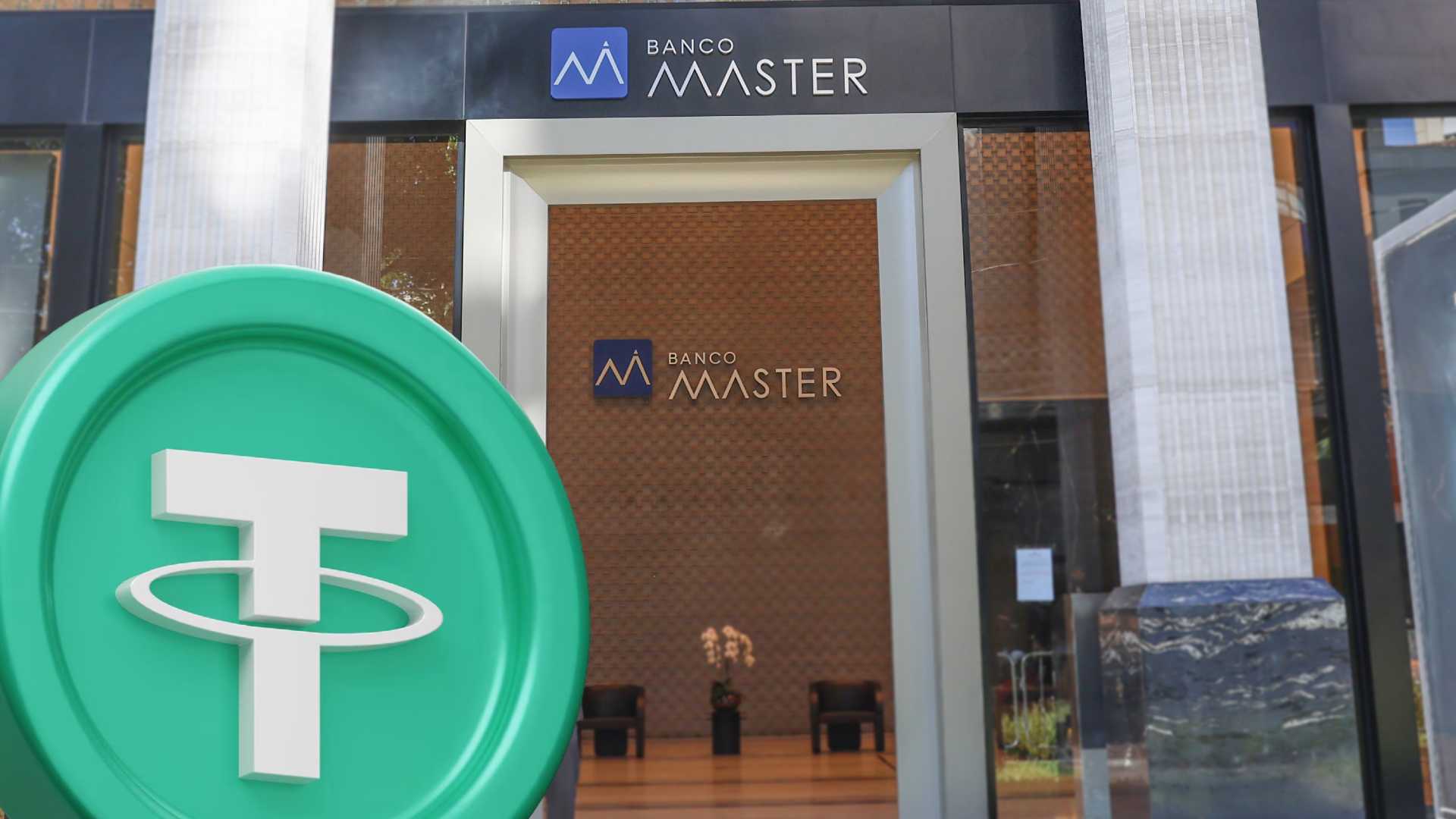 Fachada do Banco Master com logo da Tether