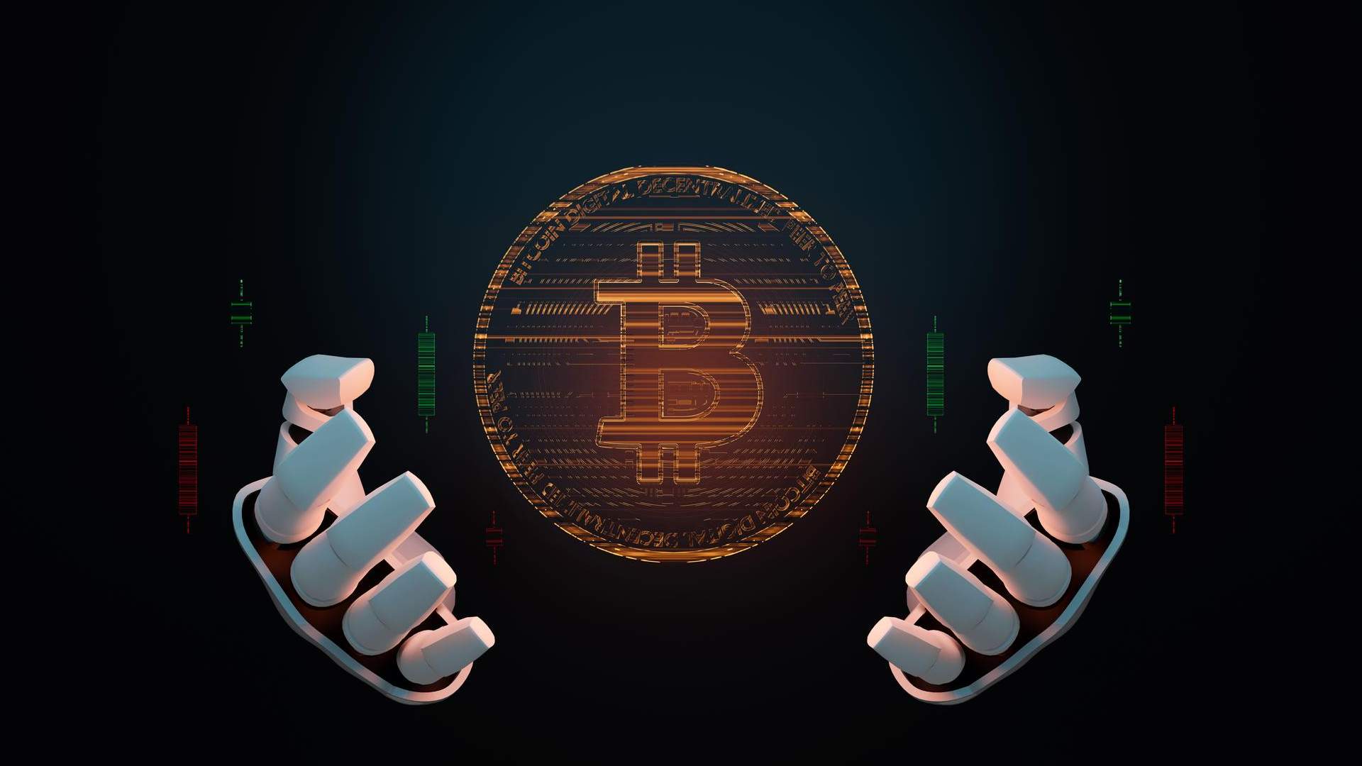 Mao robotica segurando bitcoin proximo de graficos a