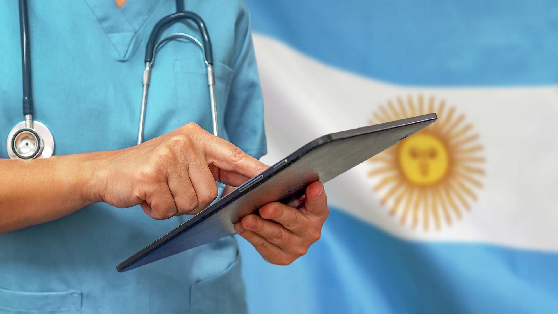 Medico com bandeira da Argentina no fundo