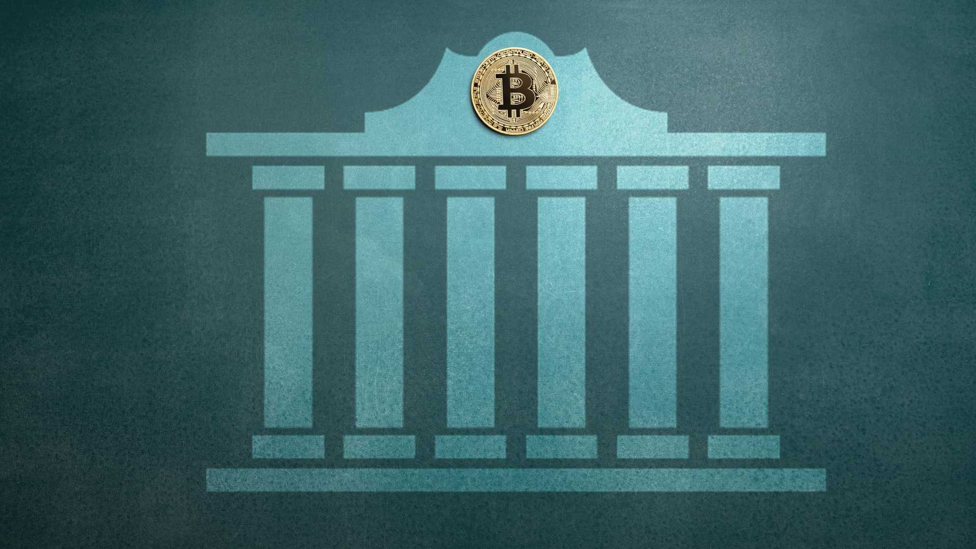 Simbolo de bancos e bitcoin em destaque