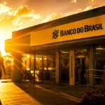imagem gerada por IA de uma agencia do banco do brasil com o sol vindo por tras