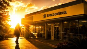 imagem gerada por IA de uma agencia do banco do brasil com o sol vindo por tras