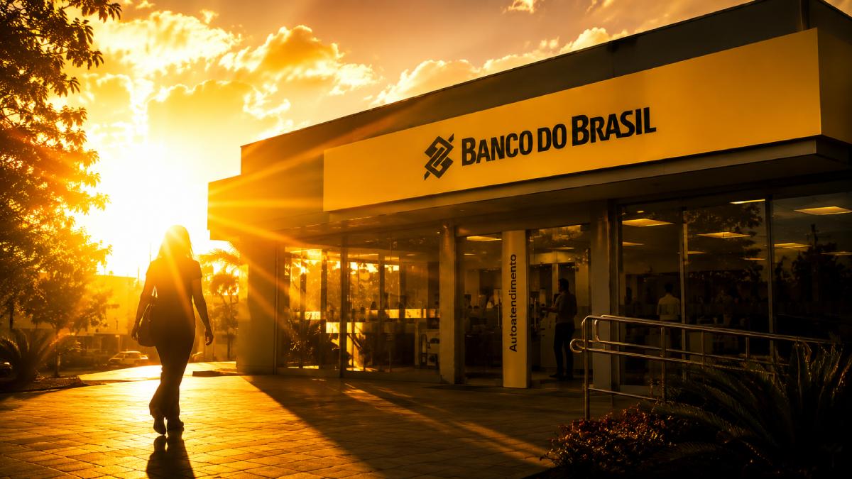 imagem gerada por IA de uma agencia do banco do brasil com o sol vindo por tras